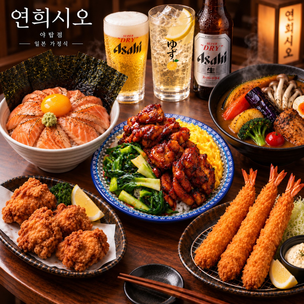 연희시오의 사케동, 야키토리, 스프카레와 튀김, 주류가 차려진 저녁 상차림