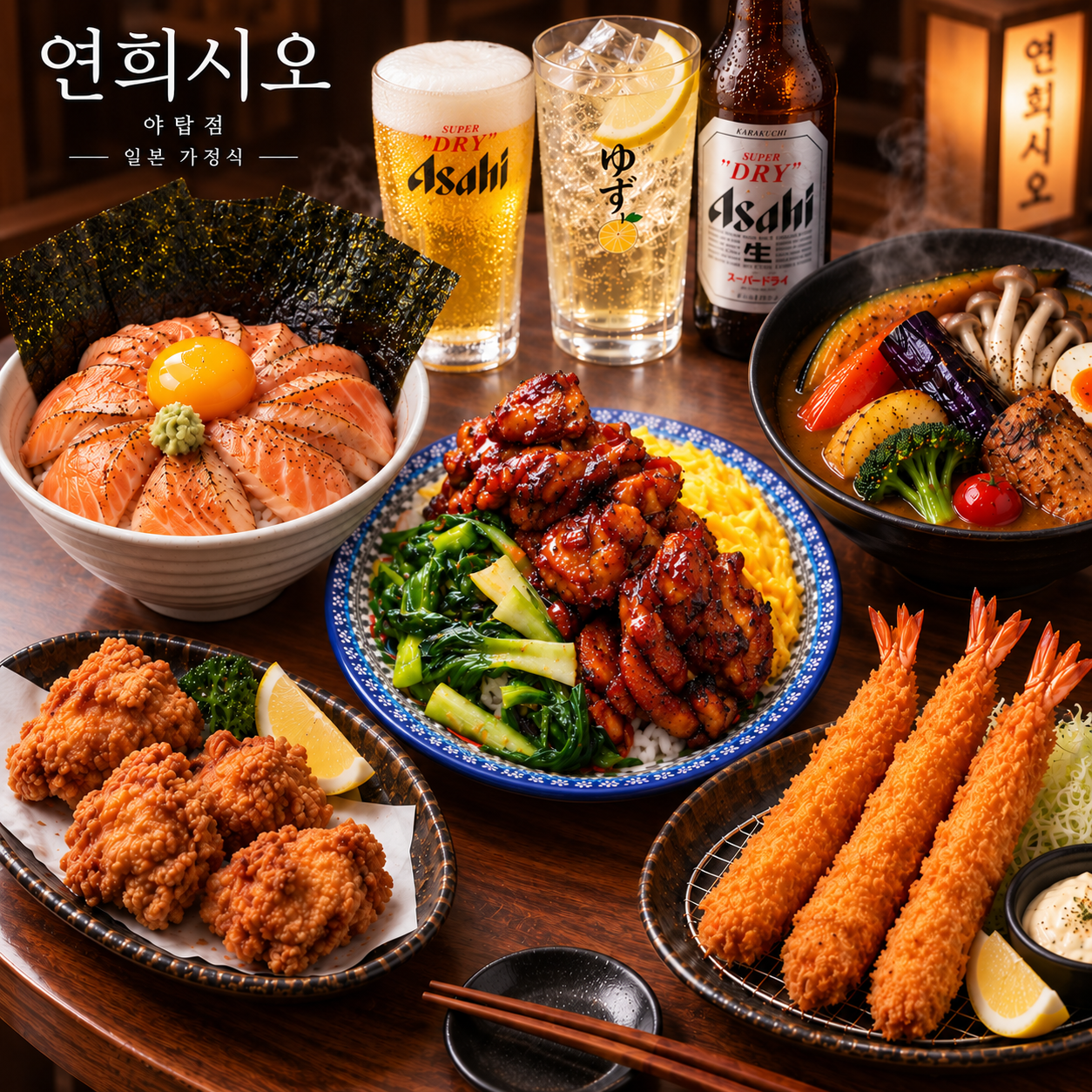 연희시오 야탑점의 사케동, 야키토리, 스프카레와 튀김, 주류가 차려진 저녁 상차림